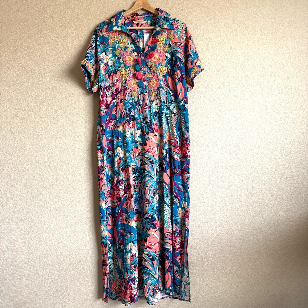 Soft Surroundings Florence Boho Tropical Shirt Dress Embroidered Beaded Tassel L - Picture 2 of 12